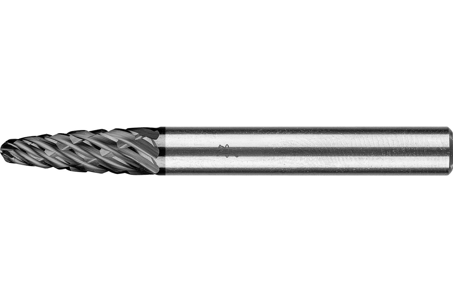 Metal cutting end mill with a pointed, fluted carbide tip and cylindrical shank on a white background.