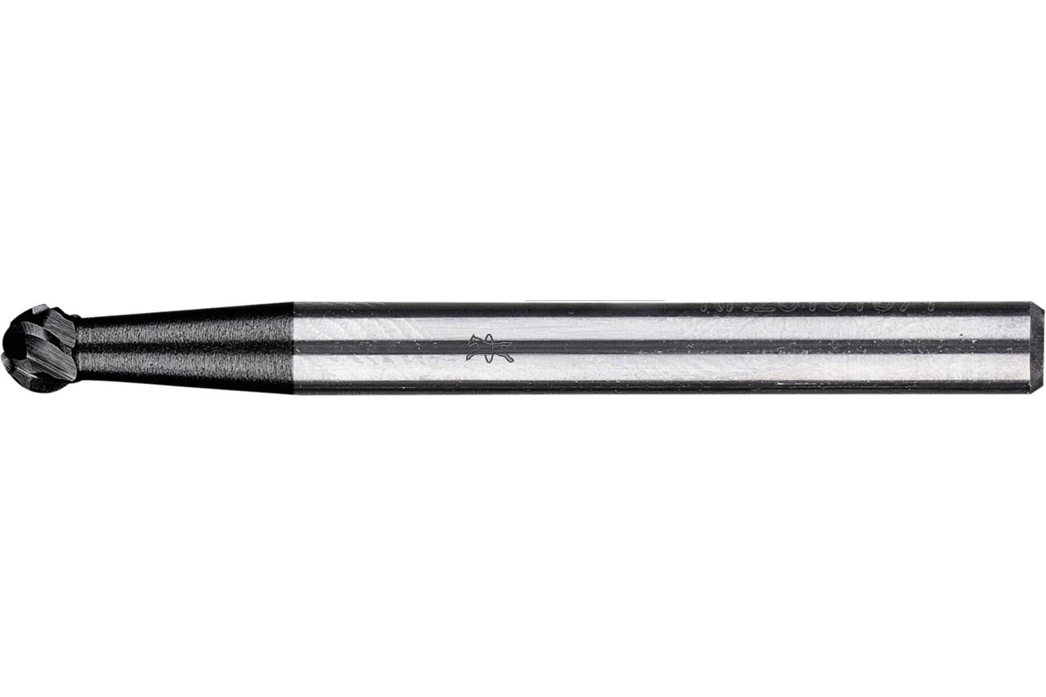 A metal end mill cutting tool with a rounded tip and long fluted shaft, shown on a white background.