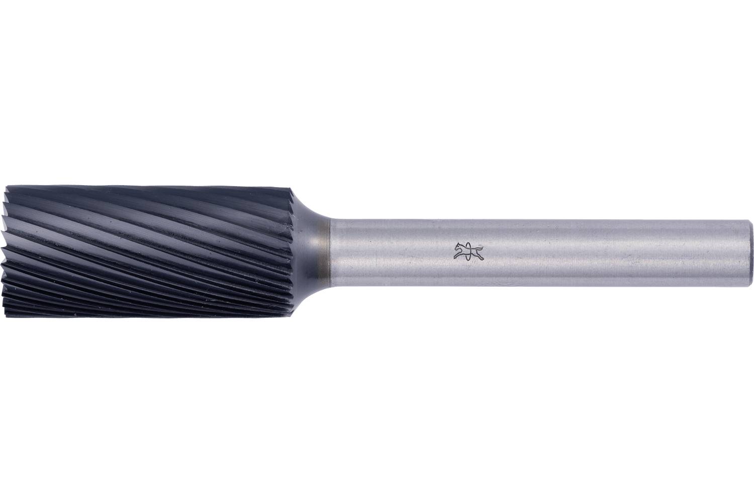 A black cylindrical cutting tool with spiral flutes and a long silver shank, shown on a white background.