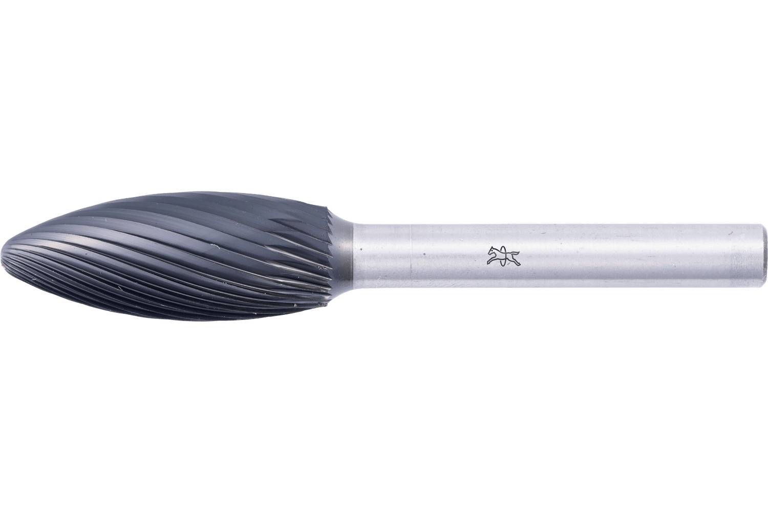 A metal rotary burr with a pointed, teardrop-shaped cutting head and a cylindrical shank, shown on a white background.