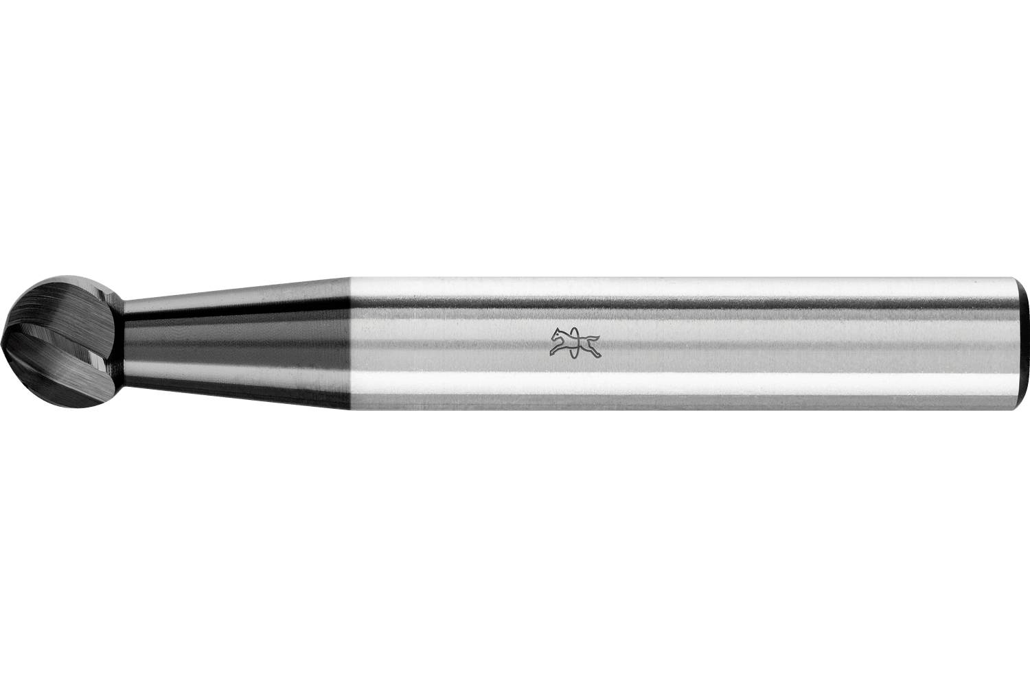 Close-up of a metal ball-end milling cutter with a rounded cutting tip on a white background.