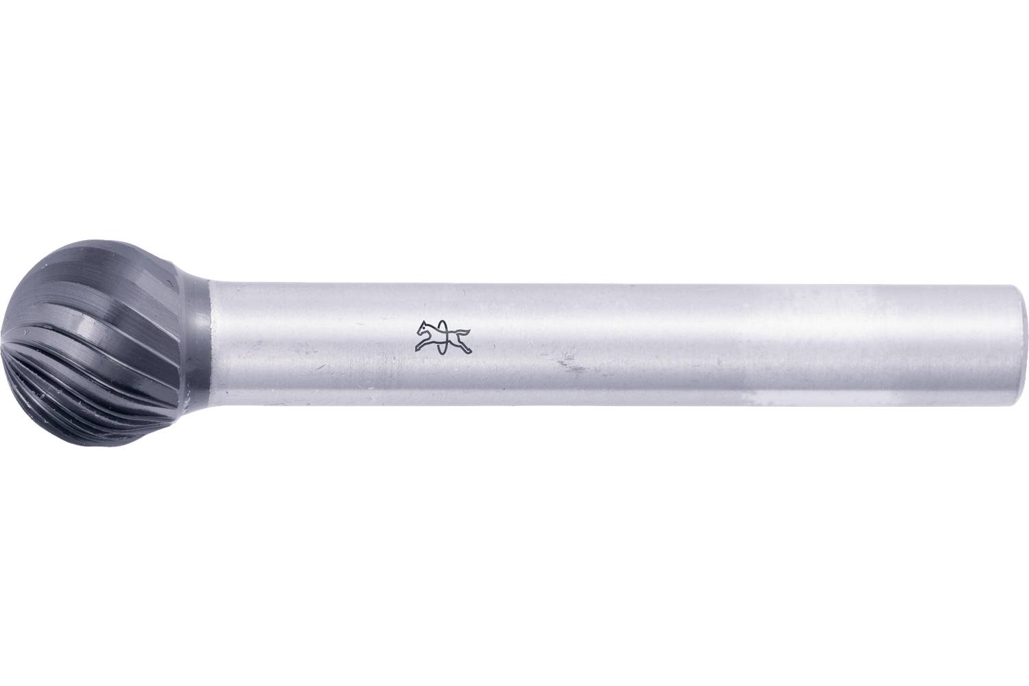 A metal rotary burr tool with a rounded, grooved cutting head and long cylindrical shaft on a white background.