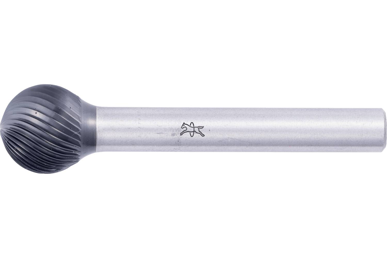 Metal rotary burr with a rounded, ridged cutting head and straight cylindrical shank, shown on a white background.