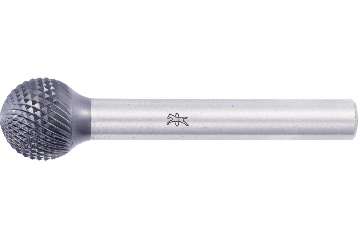 Metal rotary burr with a rounded, textured cutting head and long cylindrical shank on a white background.