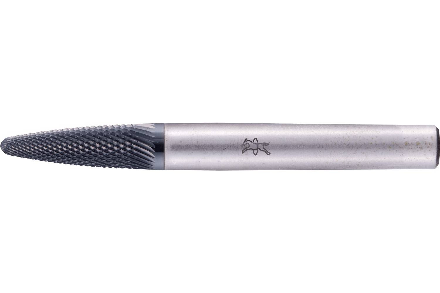 Metal carbide burr tool with a cylindrical shank and rounded, textured cutting head on a white background.