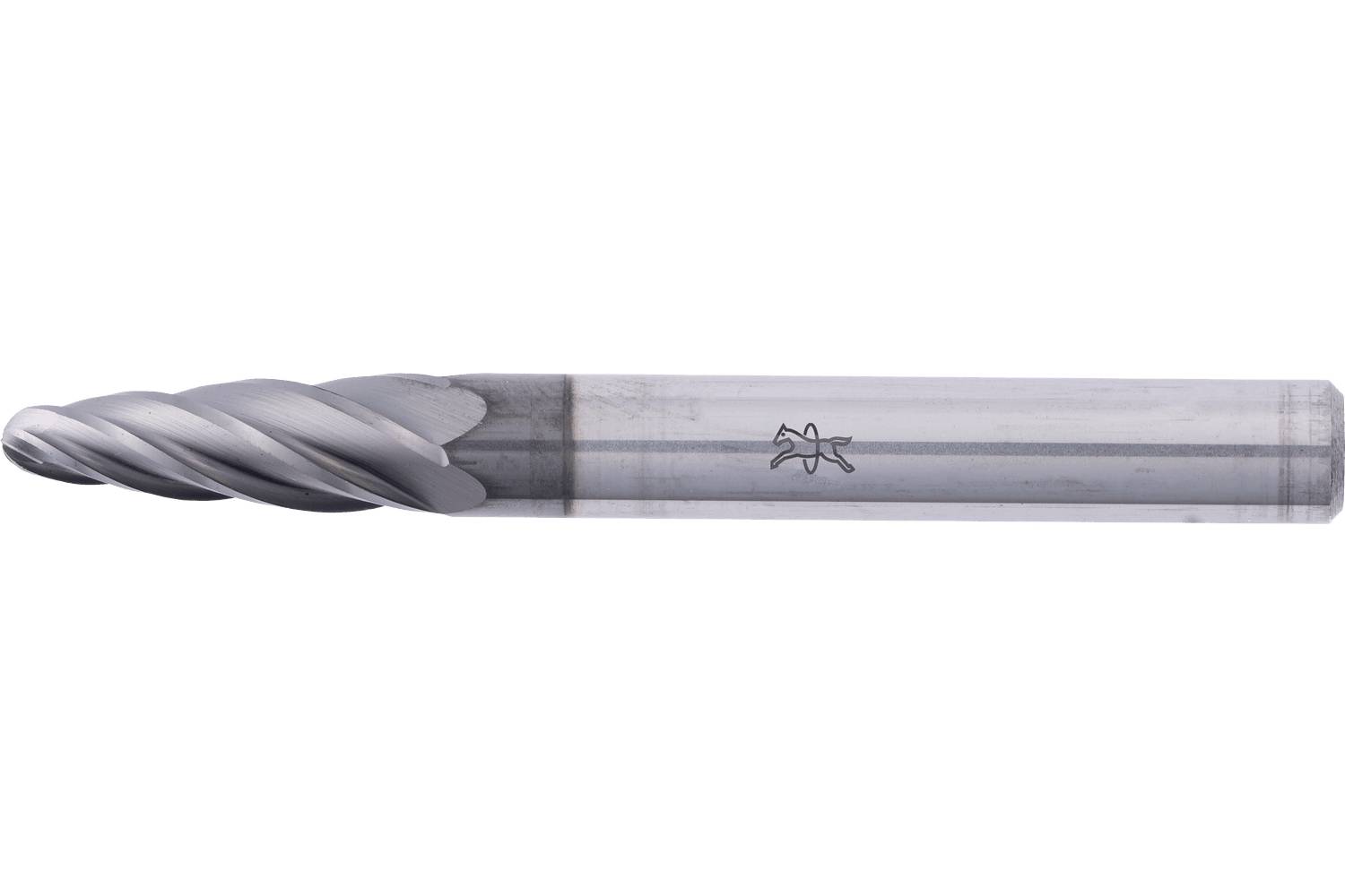 Close-up of a metal end mill cutting tool with spiral flutes and a cylindrical shank on a white background.