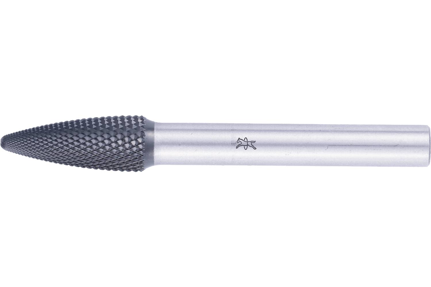 Metal rotary burr tool with a pointed, textured conical head and a silver cylindrical shank on a white background.