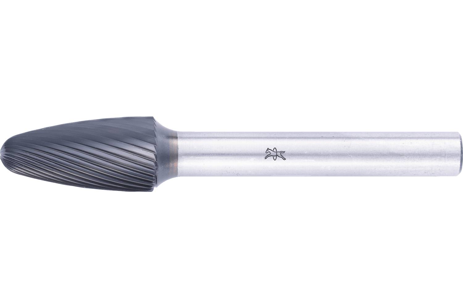A metal rotary burr bit with a rounded, pointed cutting head and a cylindrical shank on a white background.