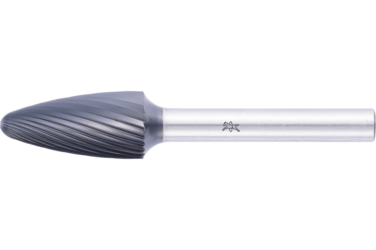 Close-up of a carbide rotary burr with a pointed, rounded tip and silver shank on a white background.