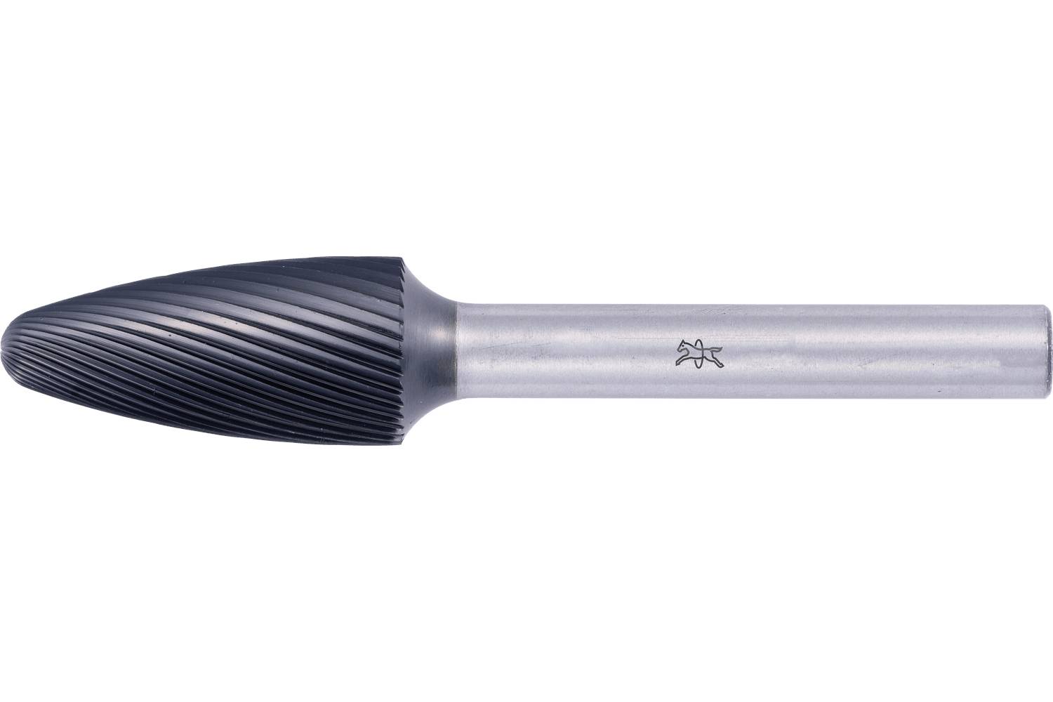 Black ribbed metal rotary burr with a silver cylindrical shank, shown side view on a white background.