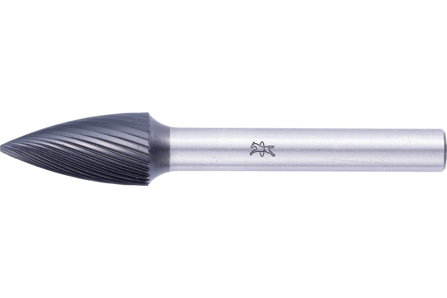 Silver rotary burr with a pointed, cone-shaped cutting head and cylindrical shank on a white background.