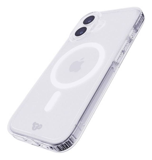 Durchsichtige Schutzhülle für das iPhone mit MagSafe-Ring und sichtbarem dualem Kamera-Ausschnitt.