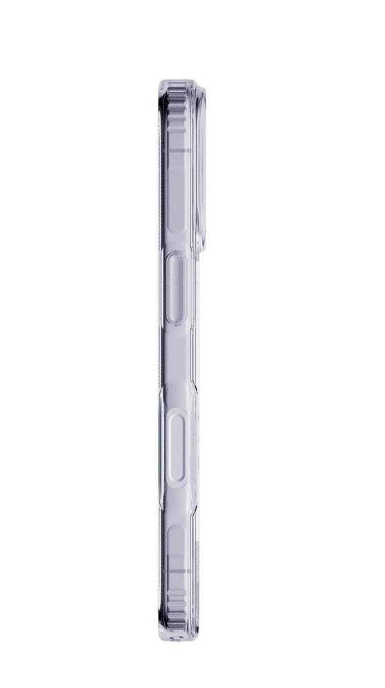 Durchsichtige, schlanke Schutzhülle für Telefon, seitliche Ansicht auf weißem Hintergrund gezeigt.