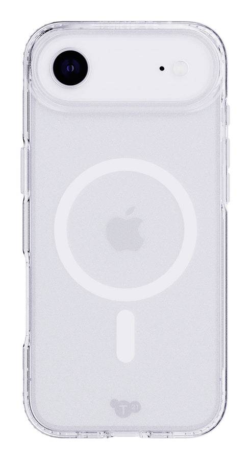 Transparentes iPhone-Hülle mit MagSafe-Ring und zentriertem Apple-Logo, frontal auf weißem Hintergrund dargestellt.