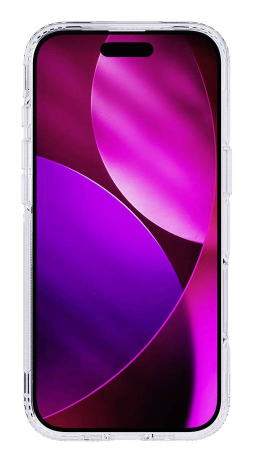 Frontansicht eines Smartphones mit transparenter Schutzhülle, das ein violettes abstraktes Hintergrundbild und einen pillenförmigen Kameraausschnitt oben zeigt.