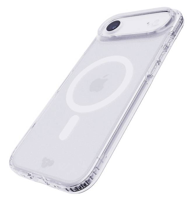 Transparente iPhone-Hülle mit MagSafe-Ring und Kameraaussparung, in schräger Perspektive auf weißem Hintergrund dargestellt.