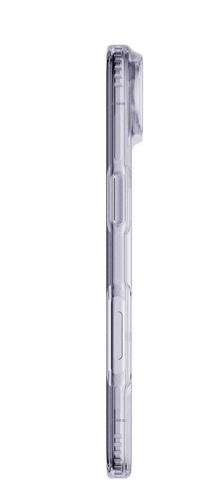 Durchsichtige Handyhülle in Seitenansicht gezeigt, die die schlanke transparente Schutzhülle mit erhöhten Rändern und Aussparungen für die Tasten hervorhebt.