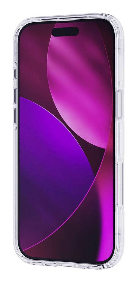 Durchsichtige Schutzhandyhülle auf einem Telefon mit abstraktem violettem Bildschirmdesign