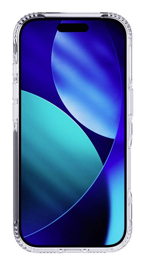 Vorderansicht eines Smartphones mit einem blauen abstrakten Hintergrundbild in einer transparenten Schutzhülle.