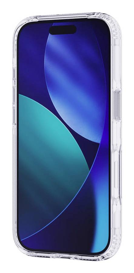 Smartphone mit einer transparenten Schutzhülle, Vorderansicht auf weißem Hintergrund.