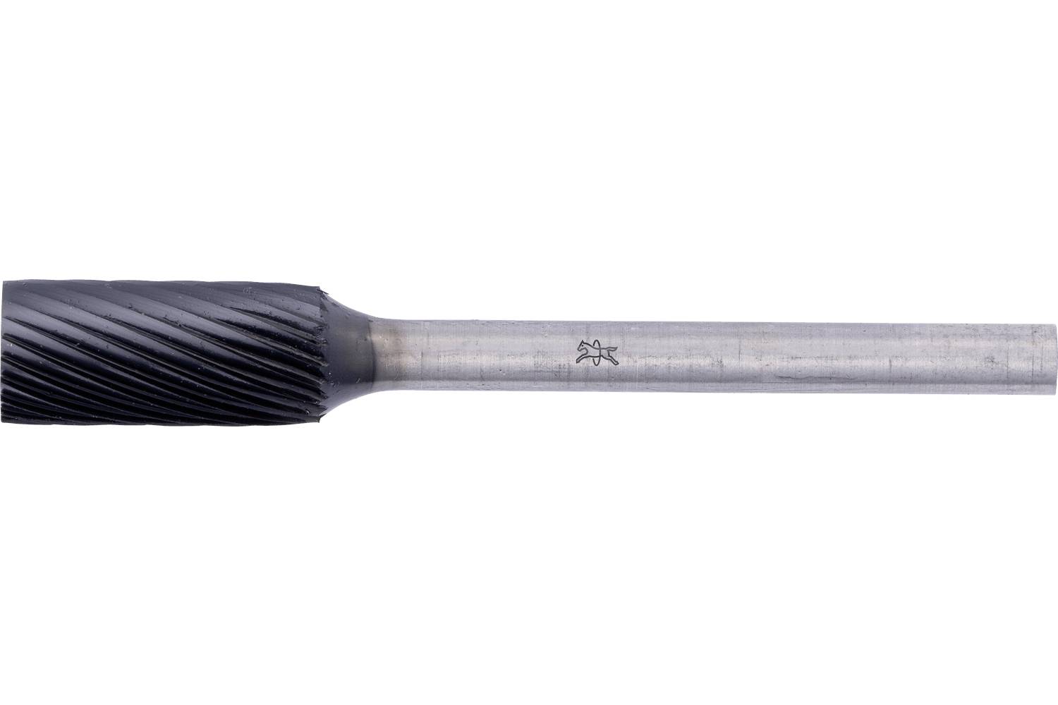 A metal rotary burr with a black cutting head and long silver shank, shown on a white background.