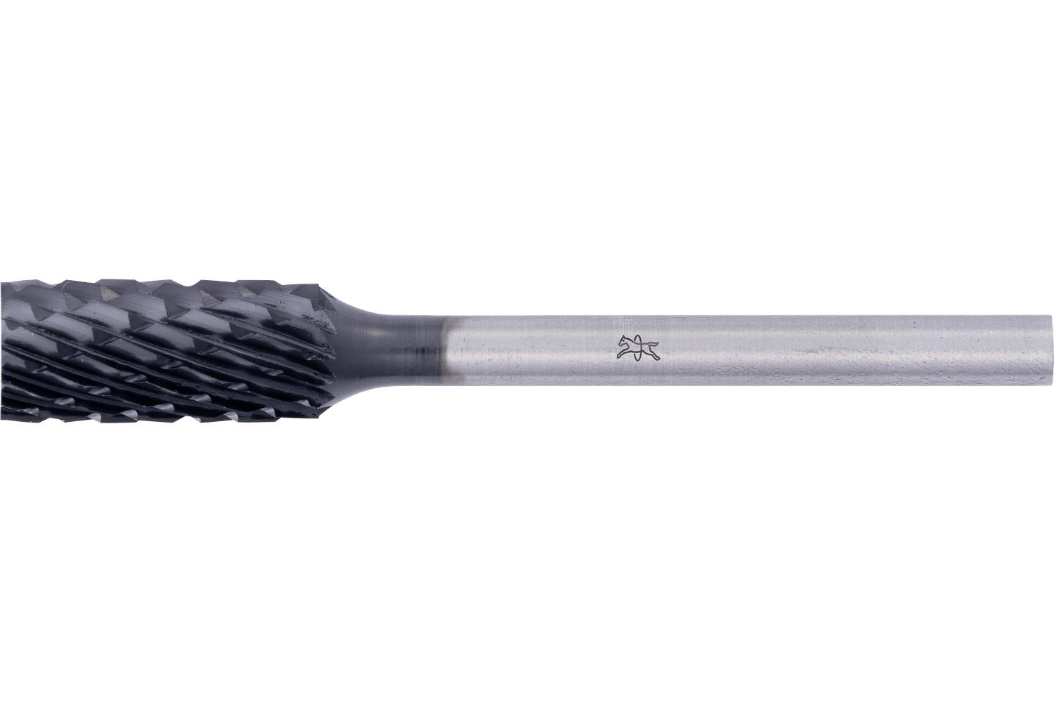 Close-up of a metal rotary burr or milling bit with a dark cutting head and long silver shank on a white background.