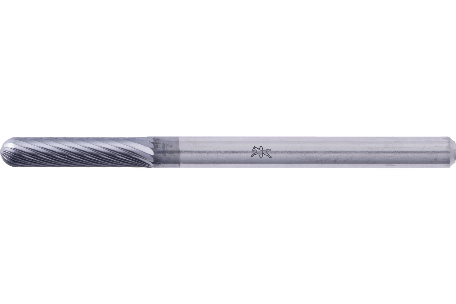 Metal rotary cutting tool bit with a rounded, grooved end and a long cylindrical shaft on a white background.