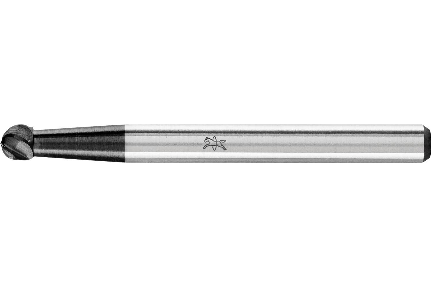 A two-flute end mill cutting tool with a rounded tip and long silver shaft on a white background.