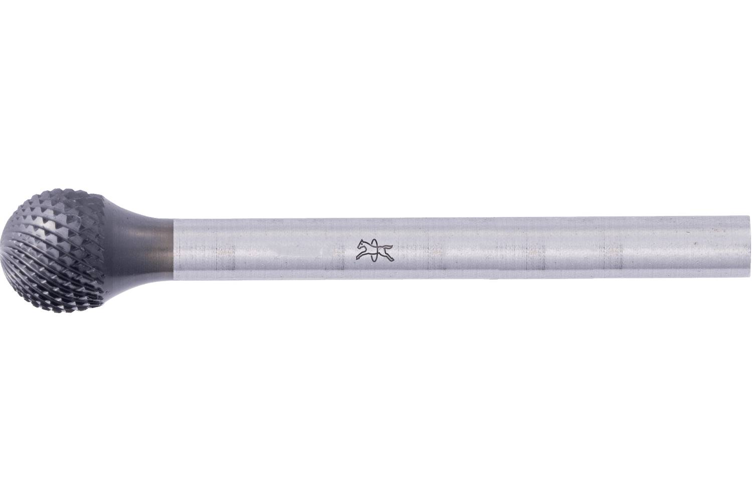 Close-up of a rotary burr tool with a rounded, textured cutting head and long metal shank on a white background.
