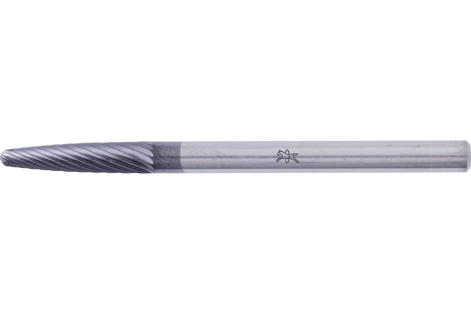 Single metal rotary cutting tool with a dark spiral fluted head and straight shank on a white background.