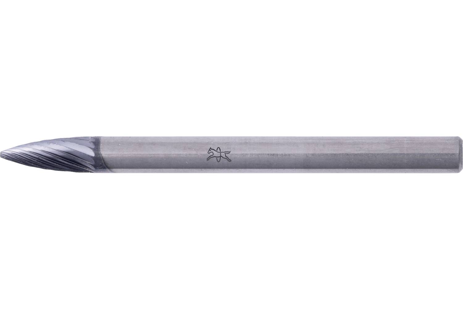Close-up of a pointed metal drill bit or cutting tool on a white background, shown horizontally.