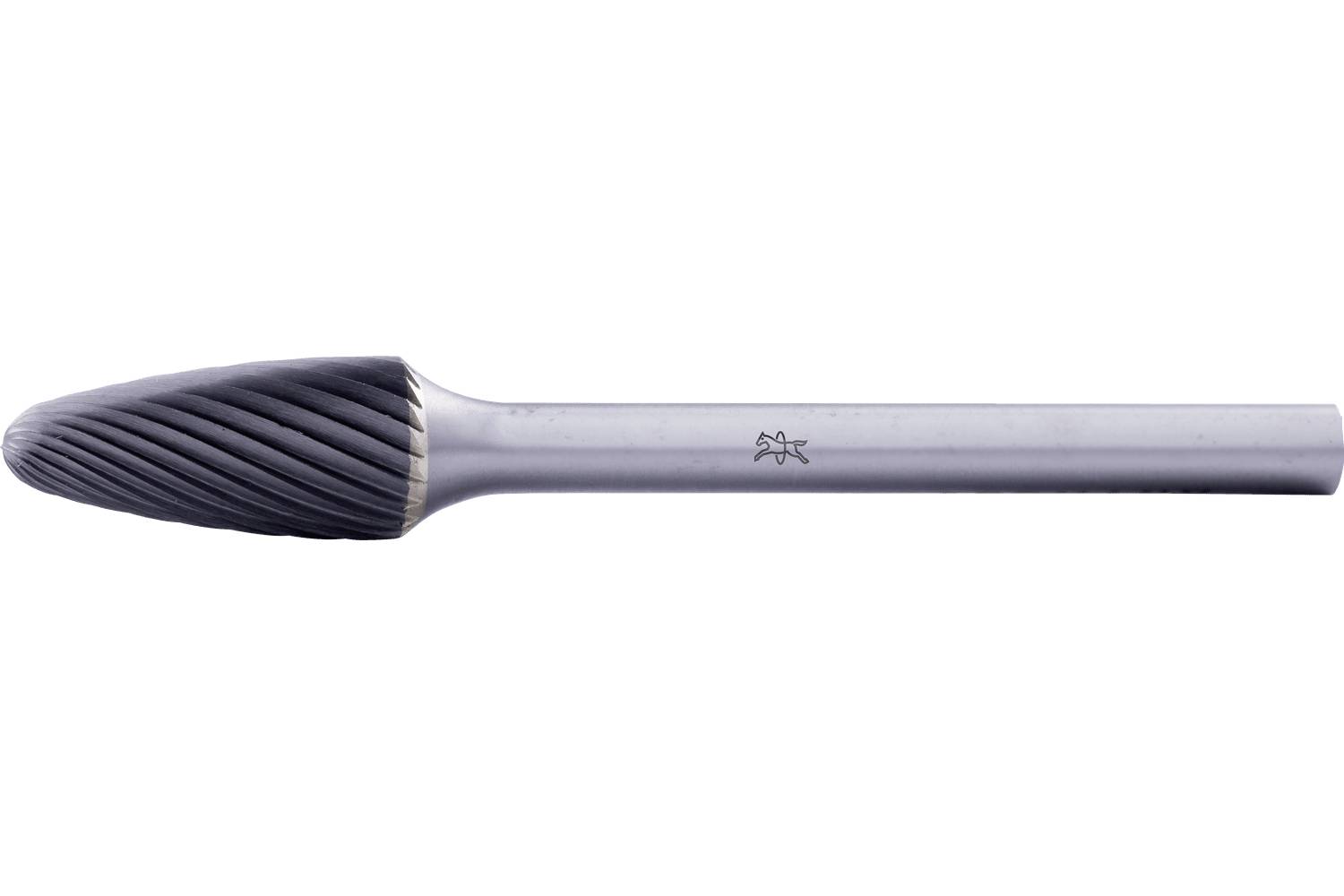 A rotary burr with a black, rounded carbide cutting head and silver cylindrical shank on a white background.