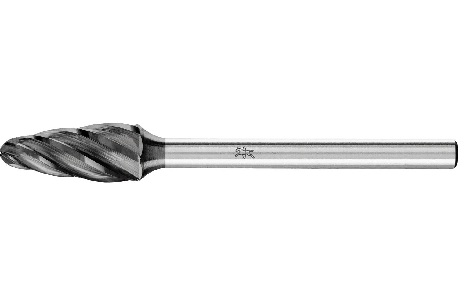 Metal end mill cutting bit with spiral flutes and a long cylindrical shank on a white background.