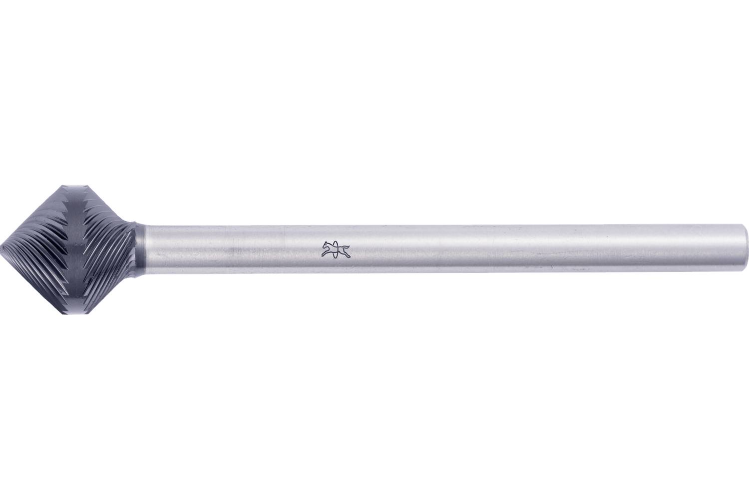 Metal rotary burr with a pointed, conical cutting head and long cylindrical shank on a white background.