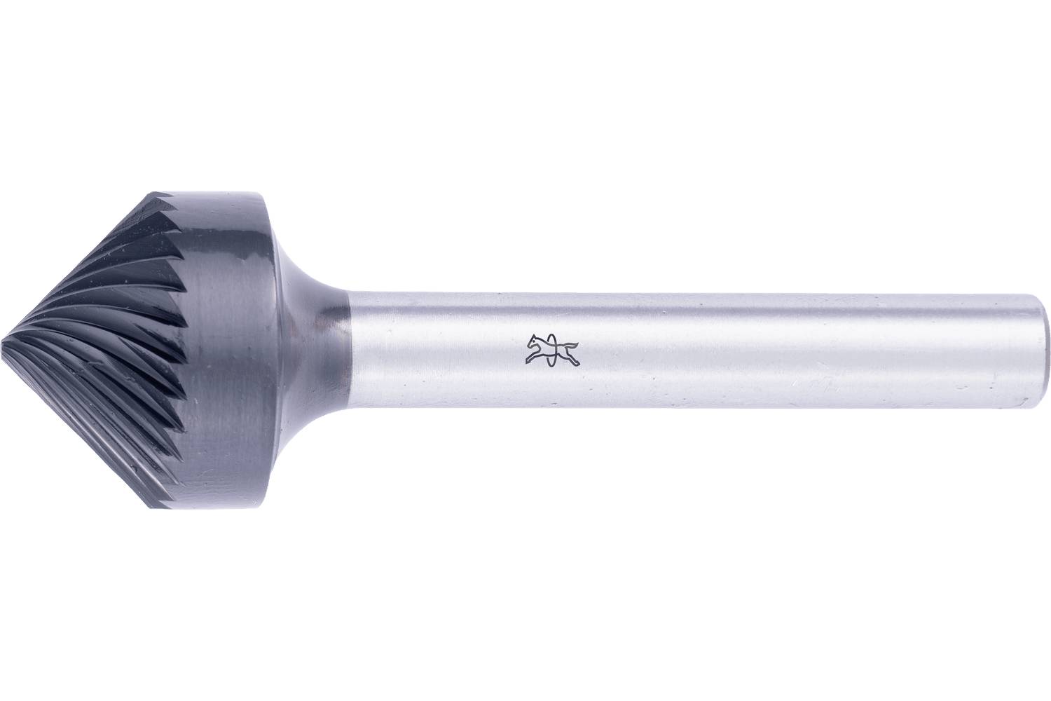 Single dark metal rotary burr tool with a conical, fluted head and long cylindrical shaft on a white background.