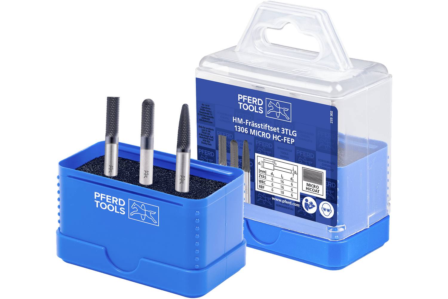 Blue PFERD TOOLS bit set with three metal rotary burrs in a blue holder beside a clear plastic carrying case with label.