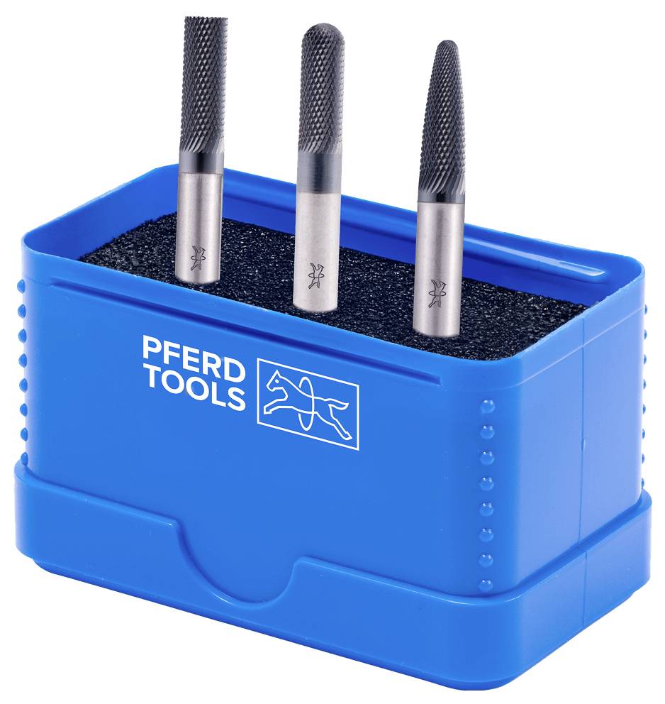 Blauer PFERD TOOLS Halter mit drei Metallrotationsfräsern, die aufrecht im Schaum stehen, auf weißem Hintergrund gezeigt.