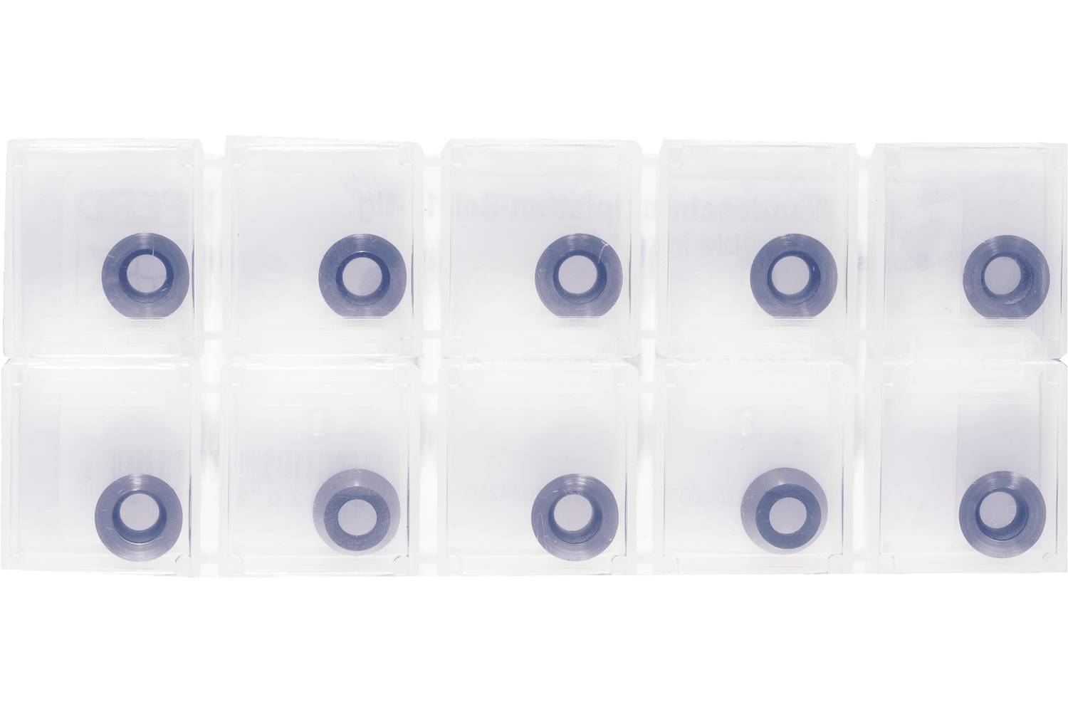 Ten translucent plastic containers arranged in two rows, each showing a blue circular ring inside.