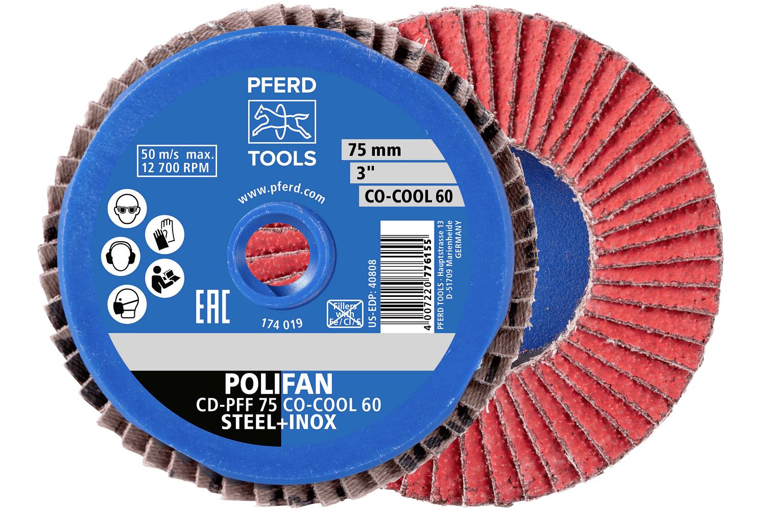 Product image of two overlapping red abrasive flap discs; front label reads 'PFERD TOOLS', '75 mm', 'CO-COOL 60', and 'POLIFAN CD-PPF 75 CO-COOL 60 STEEL-INOX'.