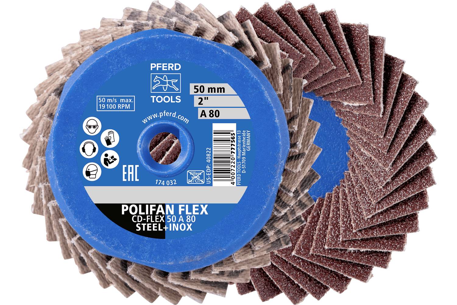 Ein PFERD Poliflex Schleifmoprad mit blauem Mitteletikett, dargestellt in Front- und Seitenansicht, gekennzeichnet mit 50 mm, 2 Zoll, A80, für Stahl und Edelstahl.