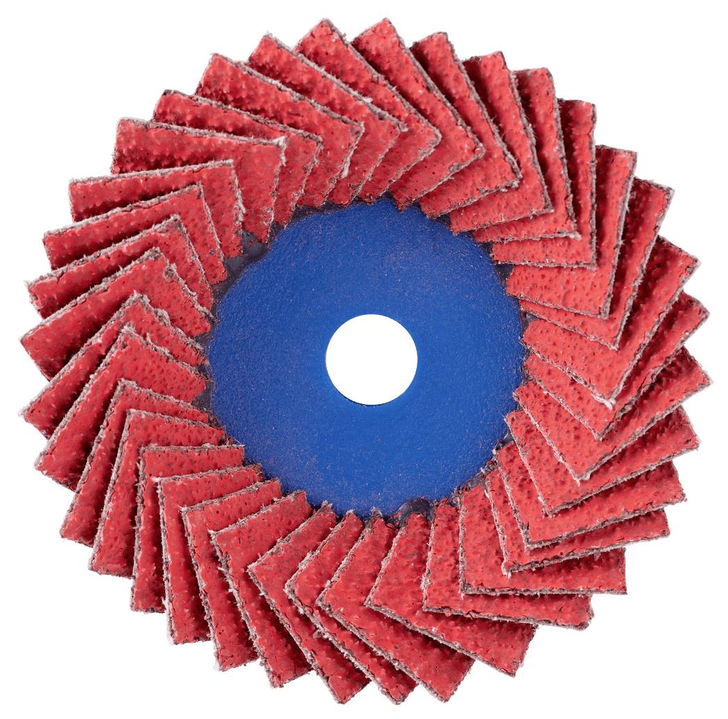 Draufsicht auf eine rote spiralförmige Schleiftöpfer mit blauem Mittelteil und weißem Befestigungsloch.