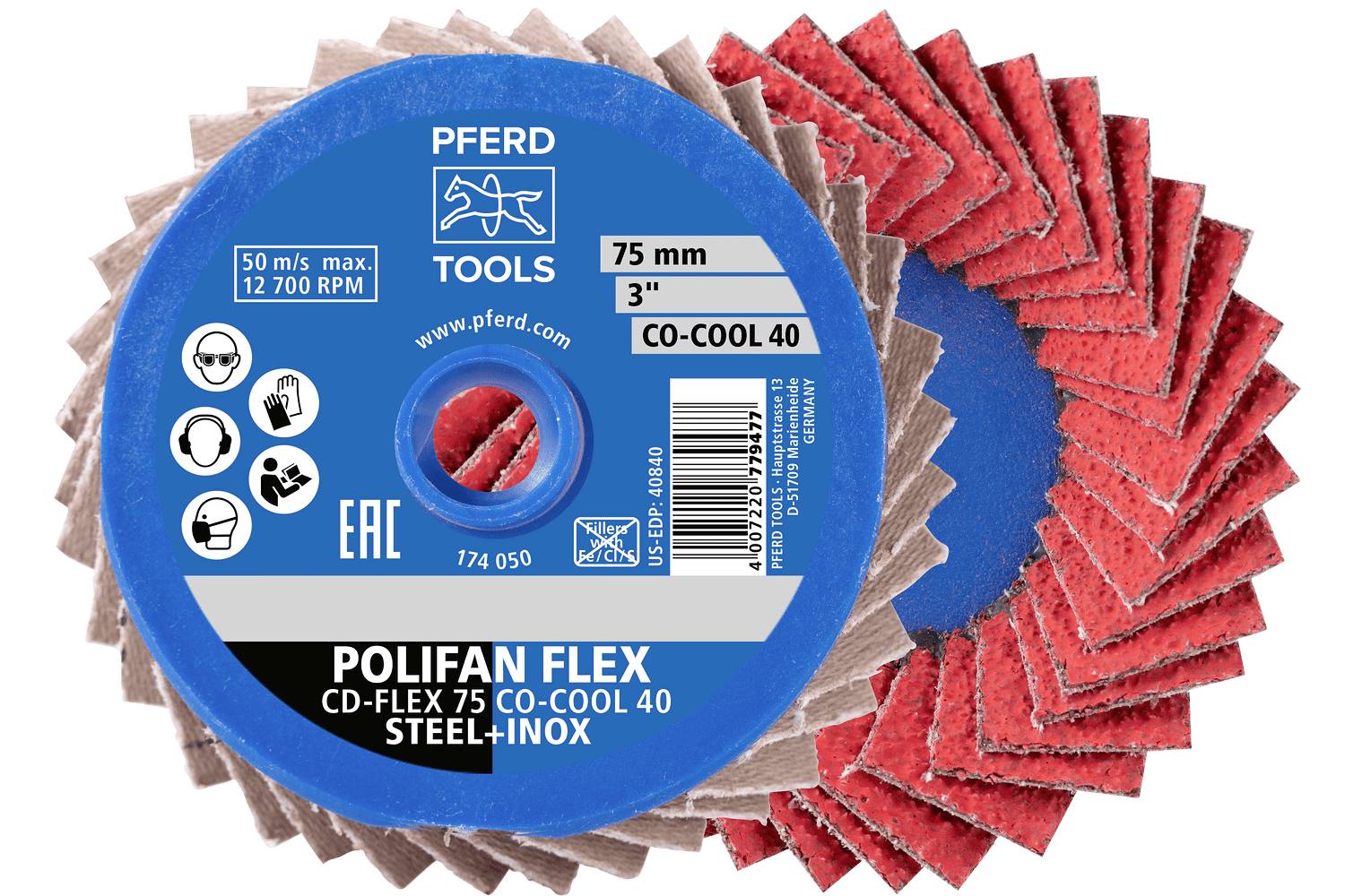 Pack of PFerd Tools POLIFAN FLEX abrasive flap discs for 75 mm and 3-inch CO-COOL 40, shown front and back with red sanding flaps.
