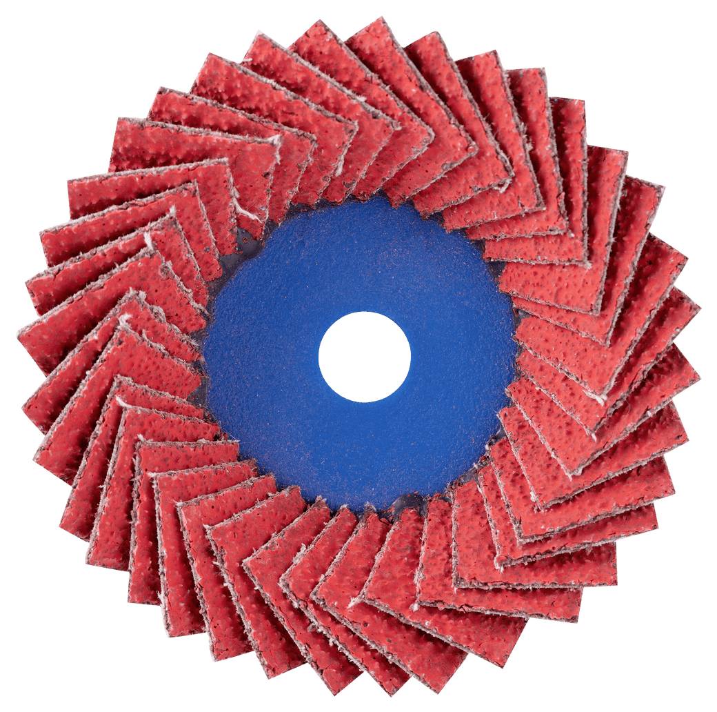 Rotes Schleiflamellrad mit blauer Mitte und weißem Loch, auf weißem Hintergrund dargestellt.