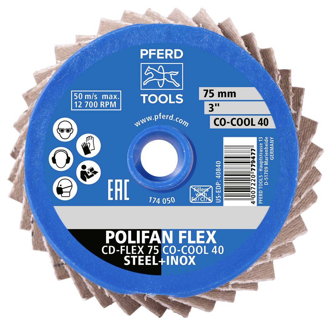 PFERD POLIFAN FLEX Schleiffächerscheibe für Stahl und Edelstahl, 75 mm (3 Zoll), CO-COOL 40, max. 50 m/s und 12.700 U/min.
