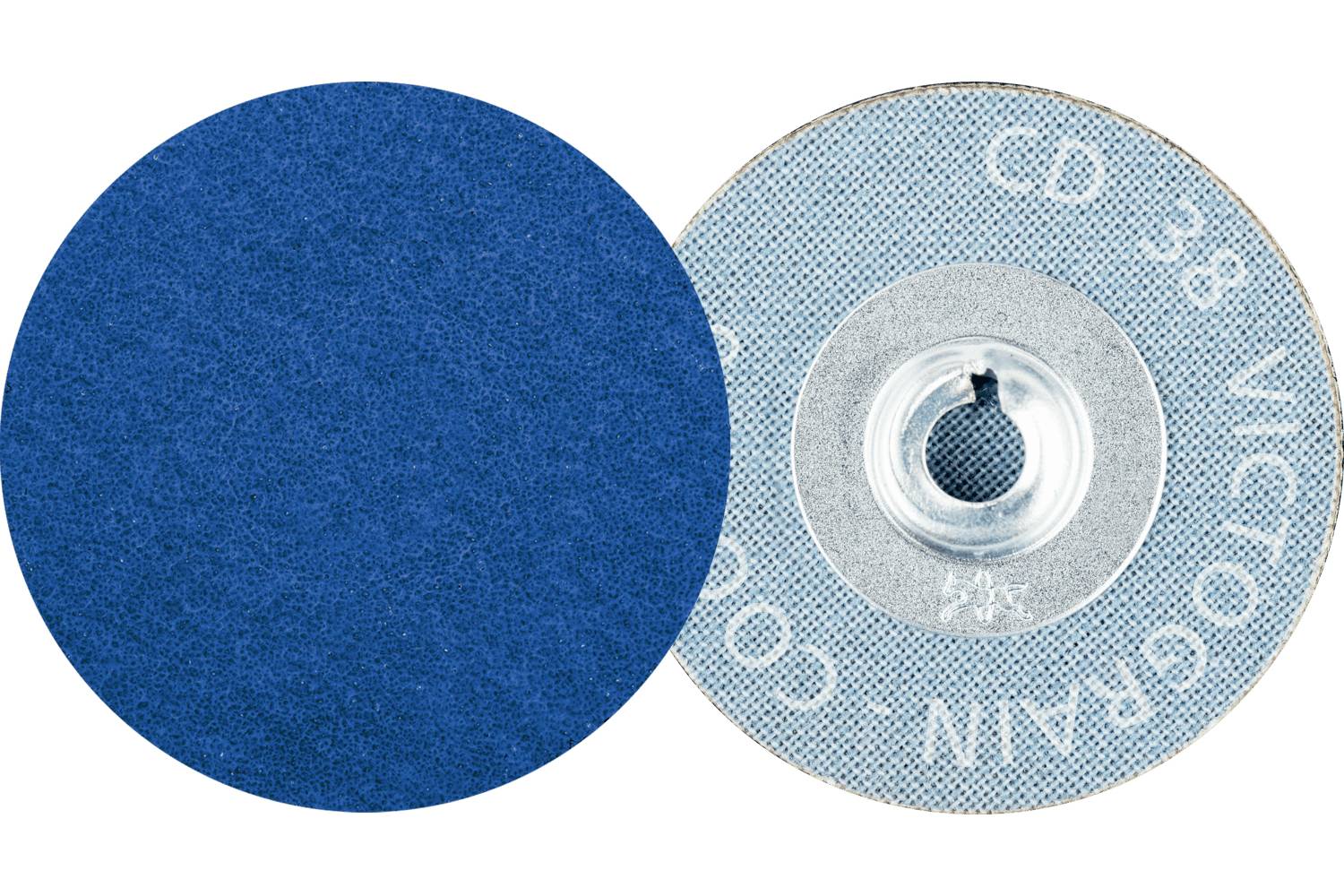 Blue abrasive sanding disc shown front and back, with a circular center hole and printed product markings on the reverse side.