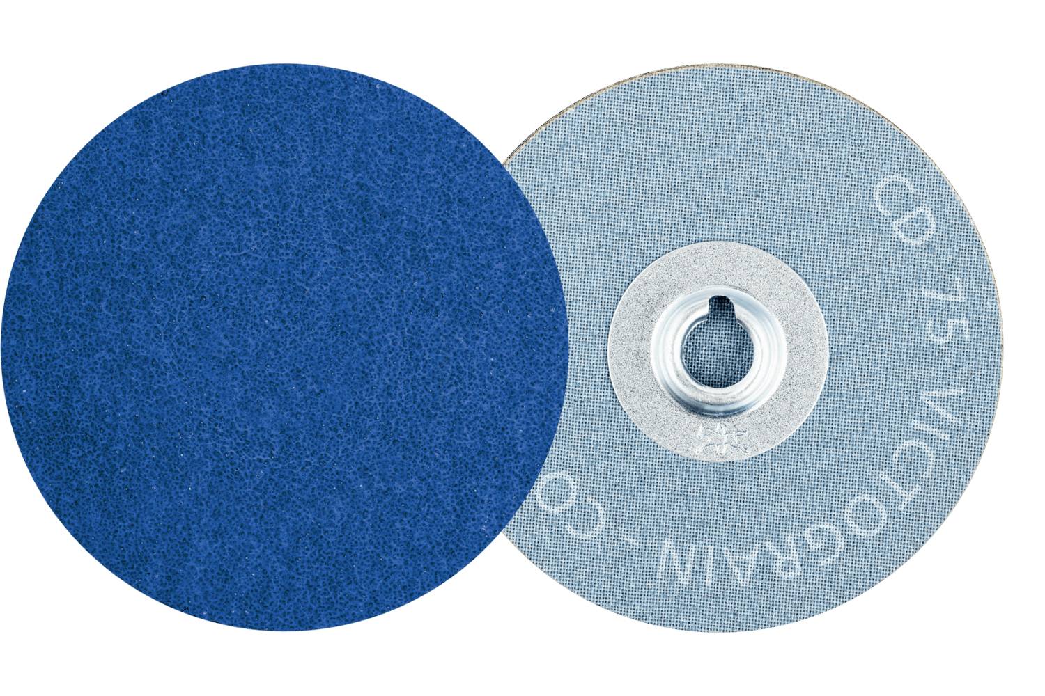 Blue abrasive flap disc overlapping a light gray disc labeled 'CO 75 VICTOGRAIN', shown on a white background.