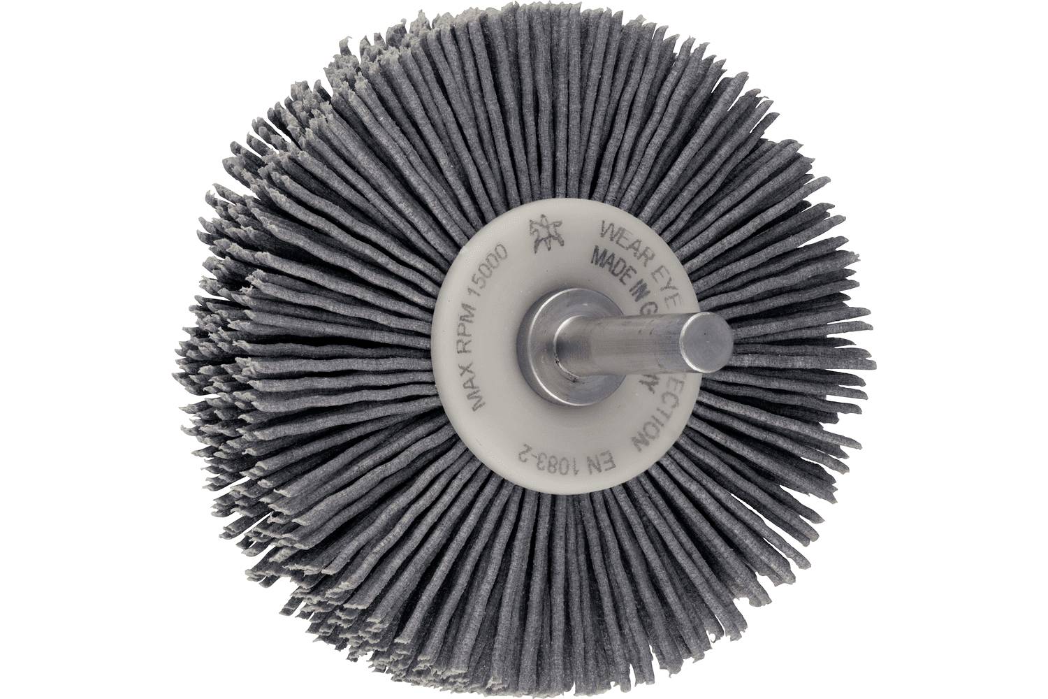 Close-up of a gray abrasive flap wheel brush on a metal hub, shown against a white background.