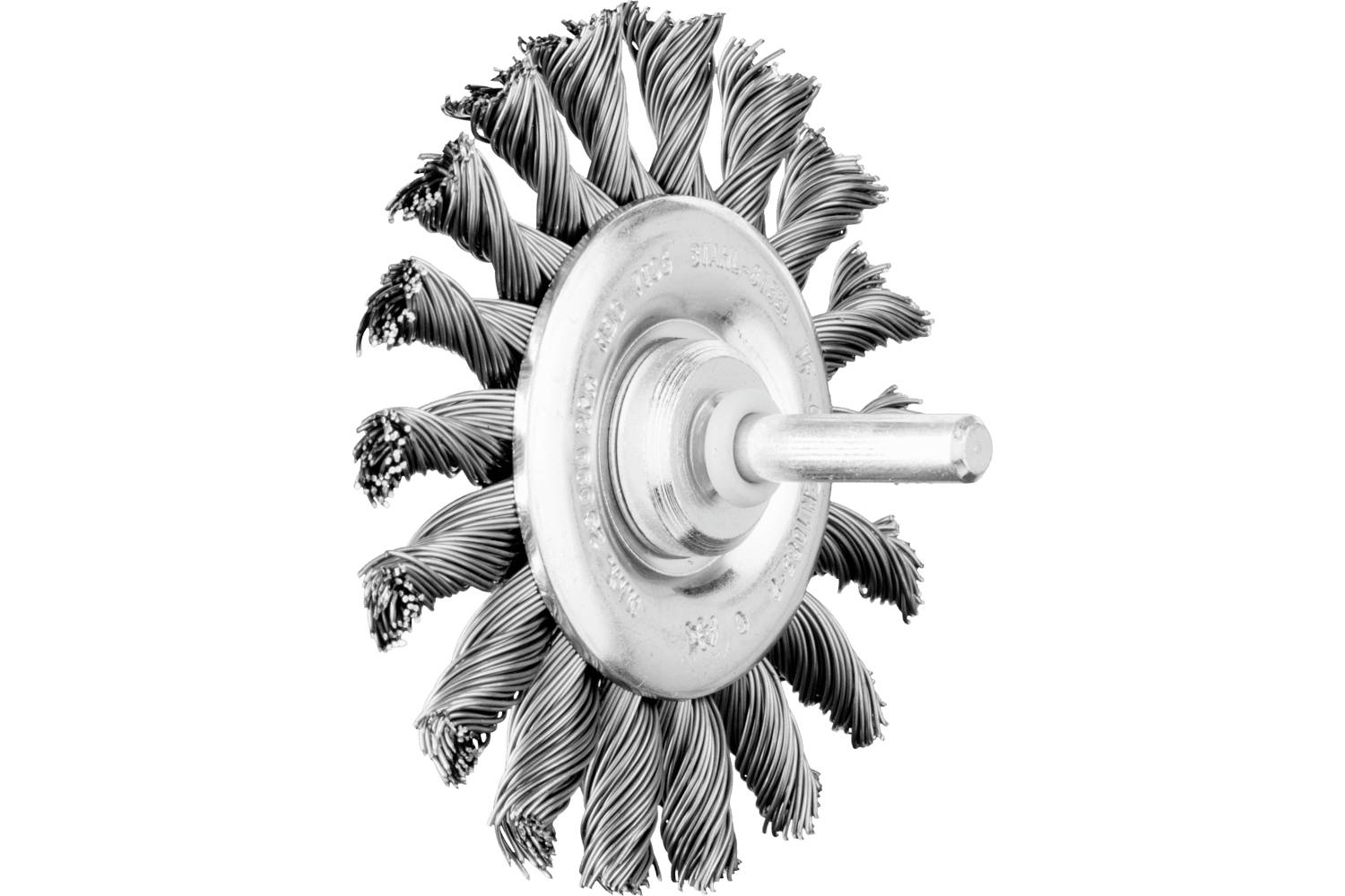 Circular wire brush wheel with a metal center and shaft, shown on a white background.