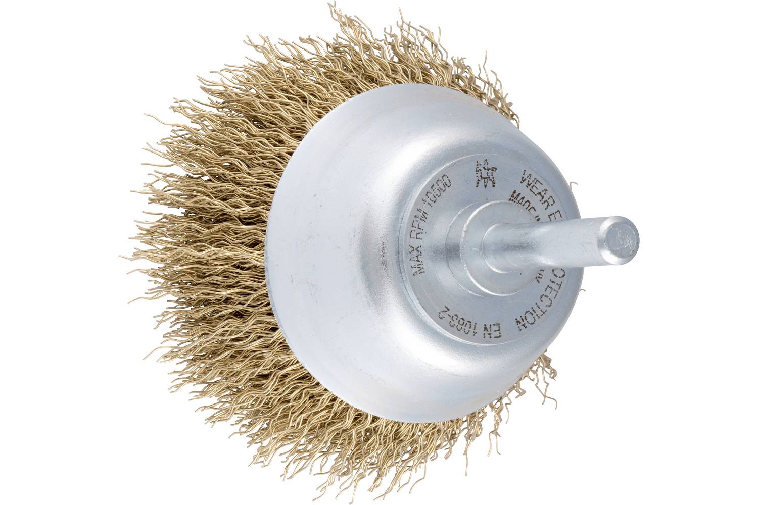 A wire brush wheel with dense brown bristles and a metal center hub, shown on a white background.