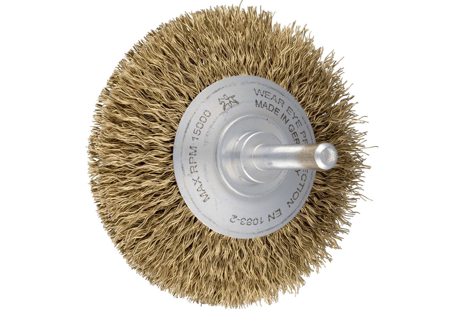 A circular wire-bristle buffing wheel with a metal center hub and shaft, shown on a white background.